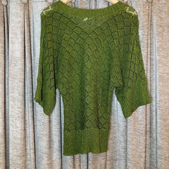 Cache Green Metallic Dolman Sleeve Open Crochet Knit Banded Bottom Top Size XS - Picture 7 of 10